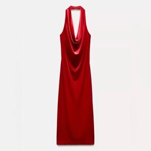 Zara Red Velvet Halter Cowl Neck Maxi Dress - NWT M